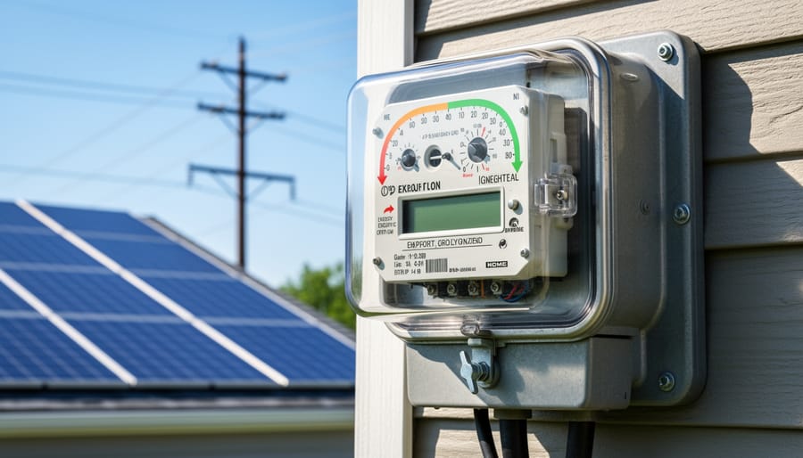 Close-up of bidirectional electricity meter on commercial building wall