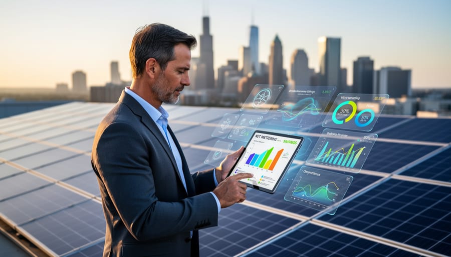 Business professional analyzing solar energy savings data on laptop in office