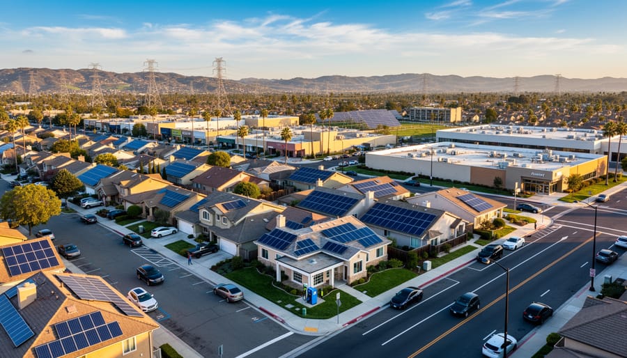 California residential neighborhood with solar panels installed on multiple rooftops