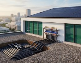 Bundled HDPE geothermal loop pipes and an insulated manifold rising from a tidy gravel borefield next to a modern commercial building, with rooftop solar panels visible under soft daylight.