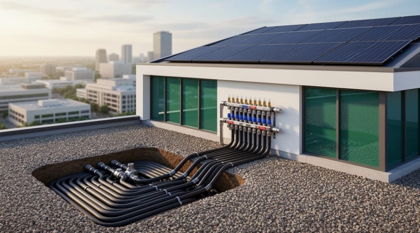 Bundled HDPE geothermal loop pipes and an insulated manifold rising from a tidy gravel borefield next to a modern commercial building, with rooftop solar panels visible under soft daylight.