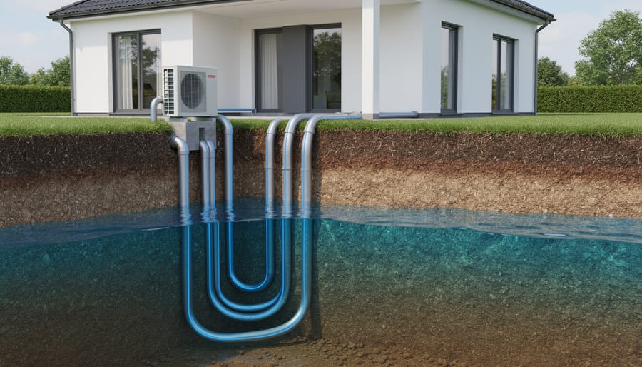 Sealed geothermal pipes installed in drilled bedrock showing closed-loop system construction