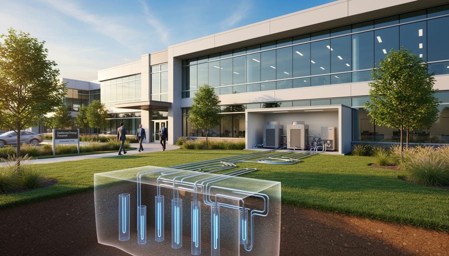 Modern commercial office building with mechanical systems representing energy infrastructure