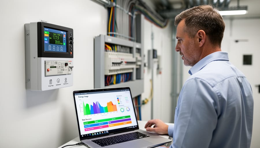 Commercial electricity meter mounted on industrial facility wall