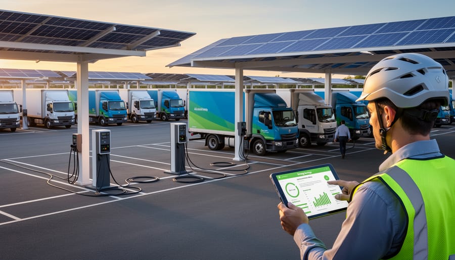Electric vehicle fleet charging under solar panel canopy at commercial facility