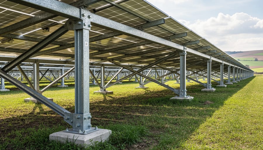 Commercial solar panel racking and mounting hardware on flat roof installation