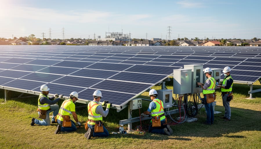Aerial view of large commercial solar panel installation on industrial building rooftop with workers