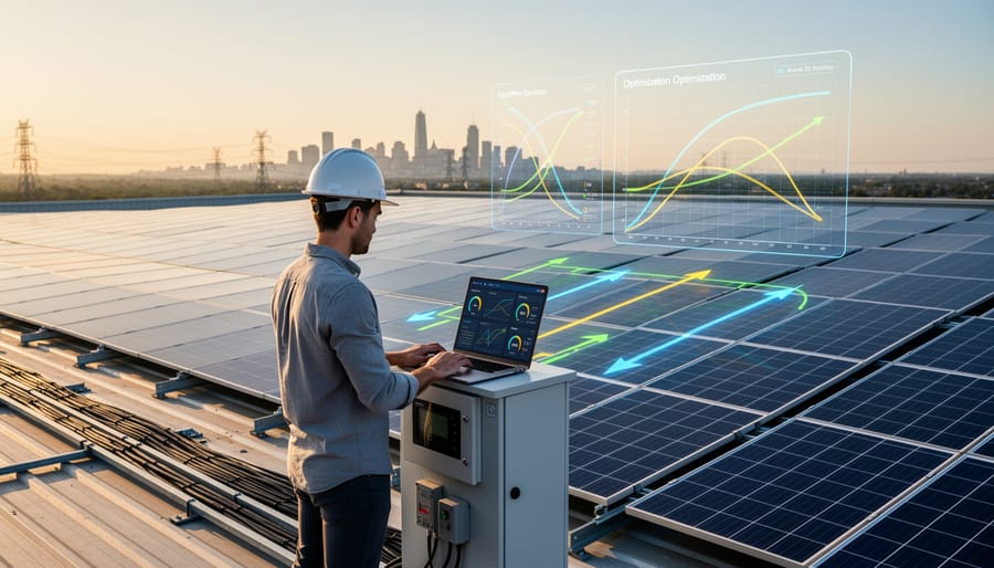 Aerial view of large-scale commercial solar panel installation at sunset