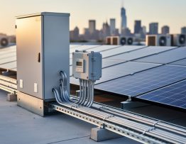 Low-angle medium-wide view of commercial rooftop solar panels with unbranded inverter cabinet, combiner box, mounting rails, and tidy conduit in warm side light, city skyline and rooftop HVAC softly blurred behind.