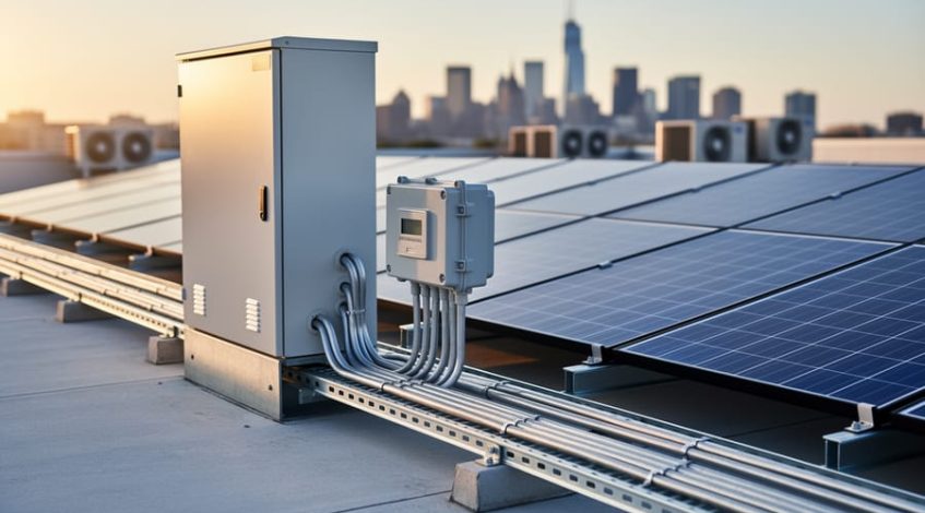 Low-angle medium-wide view of commercial rooftop solar panels with unbranded inverter cabinet, combiner box, mounting rails, and tidy conduit in warm side light, city skyline and rooftop HVAC softly blurred behind.