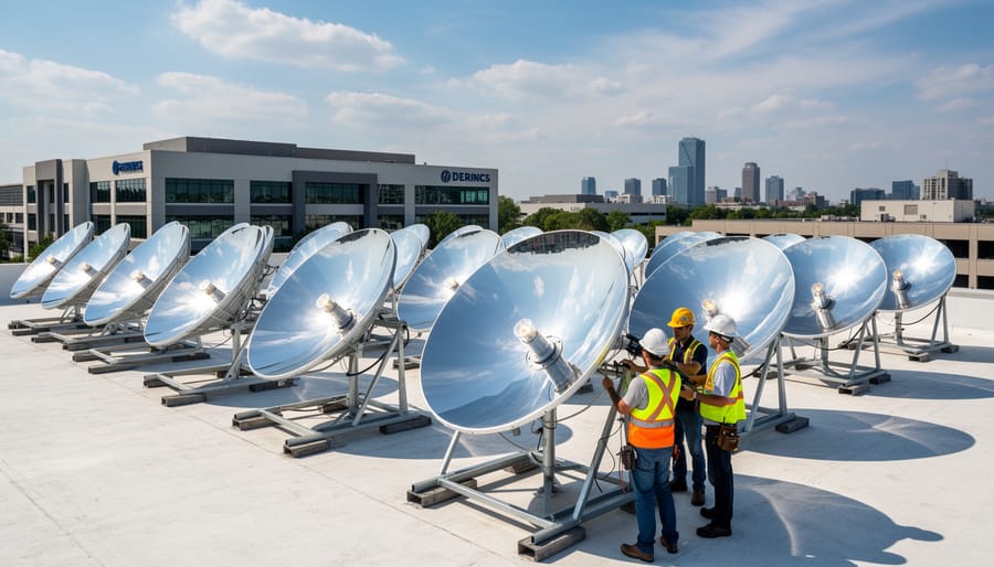 Commercial manufacturing facility with multiple solar concentrators installed on rooftop