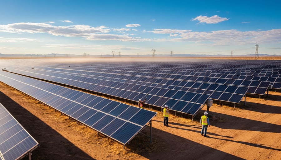Aerial view of expansive commercial solar farm with rows of photovoltaic panels