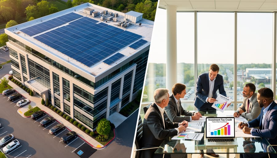 Business professional inspecting commercial rooftop solar panel installation