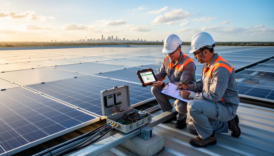 Large commercial rooftop solar panel installation during golden hour