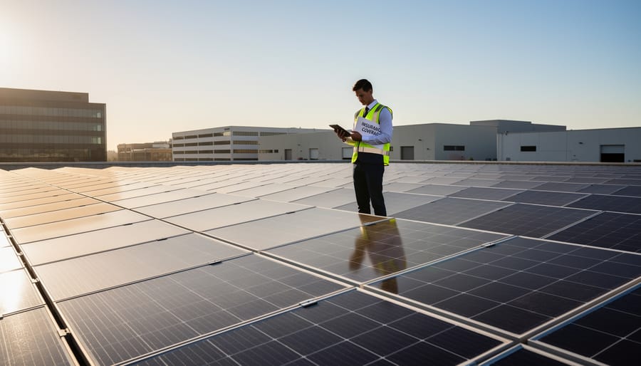 Aerial view of large commercial solar panel array installed on industrial rooftop