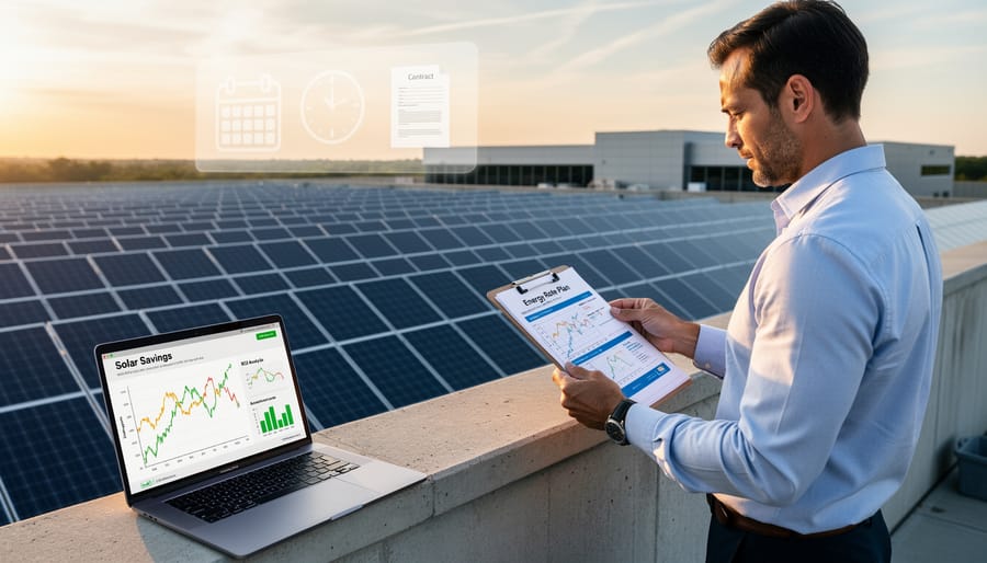 Solar panel array installed on commercial warehouse rooftop with industrial equipment