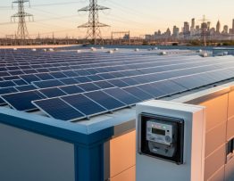 Commercial rooftop with rows of solar panels and a modern bidirectional utility meter in the foreground at golden hour, with distant power lines and a city skyline in the background.