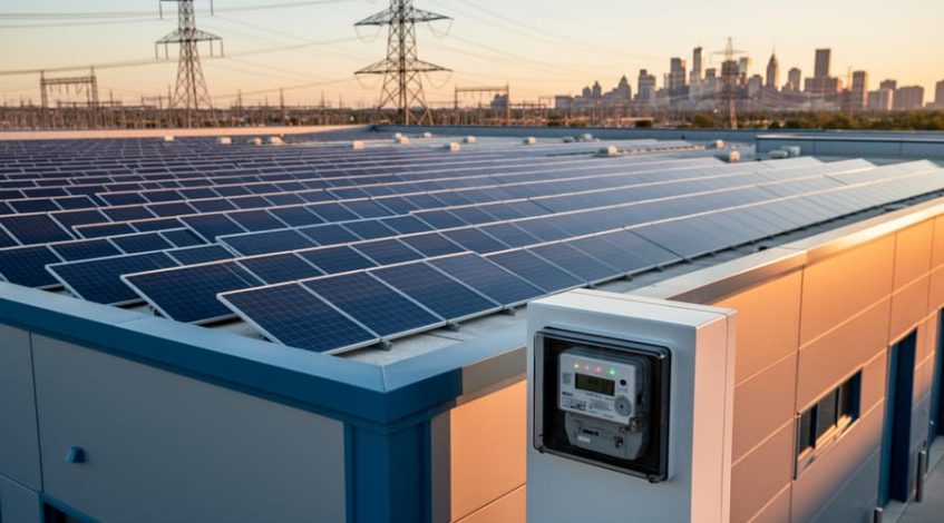 Commercial rooftop with rows of solar panels and a modern bidirectional utility meter in the foreground at golden hour, with distant power lines and a city skyline in the background.