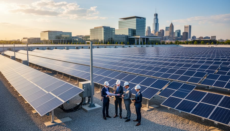 Aerial view of extensive commercial solar panel array on industrial rooftop