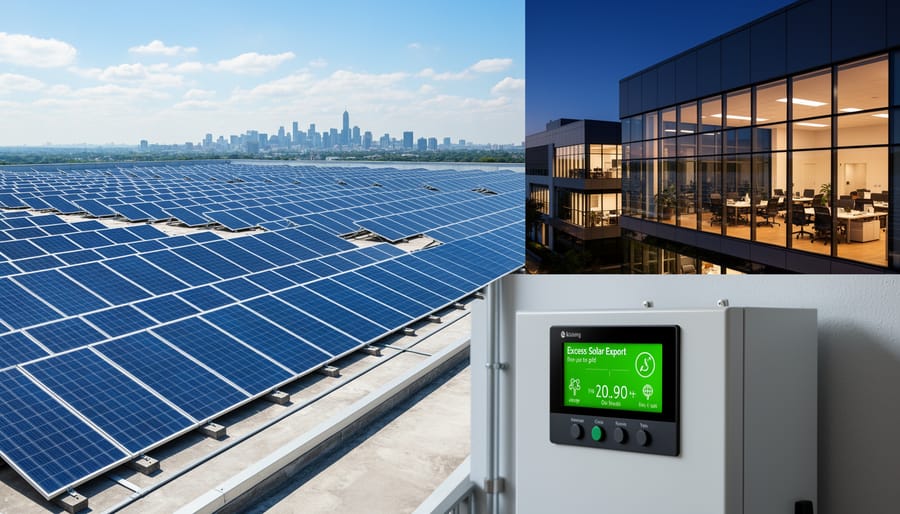 Aerial view of extensive solar panel array on commercial warehouse rooftop