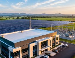 Modern commercial building with a panel-free roof in the foreground and a distant ground-mounted solar farm connected to power lines and a small substation under warm evening light.