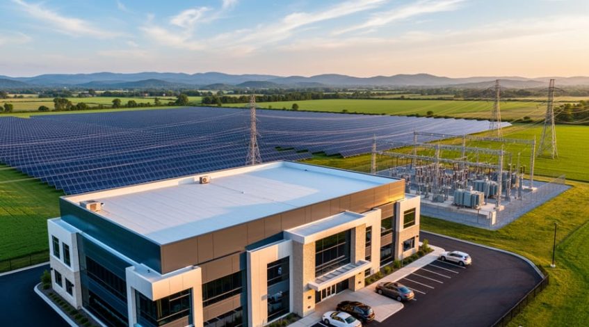 Modern commercial building with a panel-free roof in the foreground and a distant ground-mounted solar farm connected to power lines and a small substation under warm evening light.