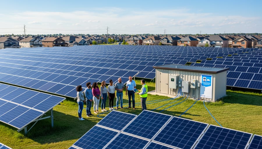 Aerial view of community solar farm with rows of solar panels and residential area in background
