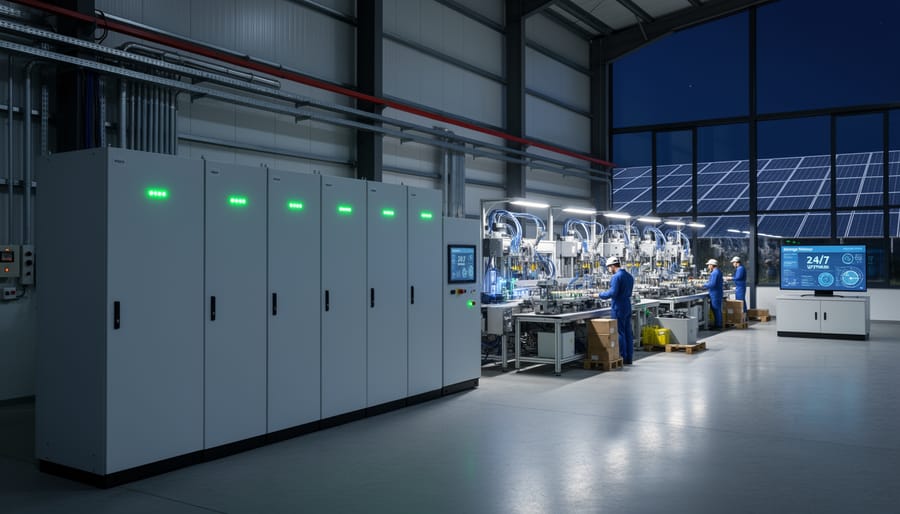 Active manufacturing facility operating during evening hours with full production