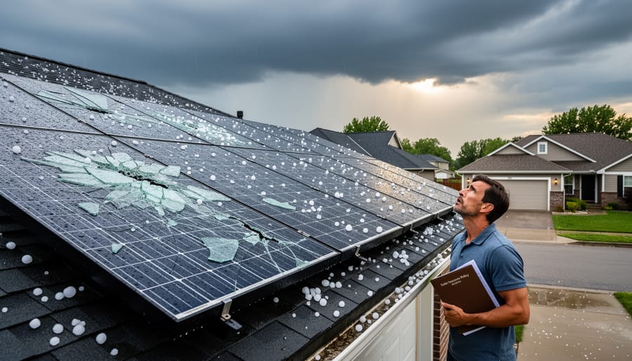 Damaged solar panel with visible cracks from hail impact
