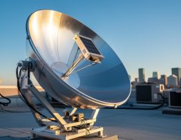 DIY parabolic aluminum dish solar concentrator on a commercial rooftop, with heat-resistant PV cell housing at the focal point and a dual-axis tracking mount with stepper motors, photographed from a slightly low three-quarter angle at golden hour; city skyline and rooftop HVAC softly blurred in the background.