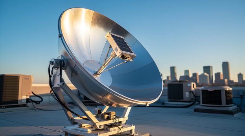 DIY parabolic aluminum dish solar concentrator on a commercial rooftop, with heat-resistant PV cell housing at the focal point and a dual-axis tracking mount with stepper motors, photographed from a slightly low three-quarter angle at golden hour; city skyline and rooftop HVAC softly blurred in the background.