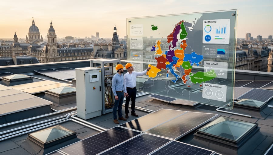 Solar panels on commercial building in European urban setting