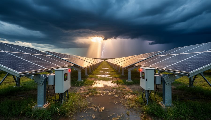 Commercial solar panel installation with reinforced mounting designed to withstand extreme weather