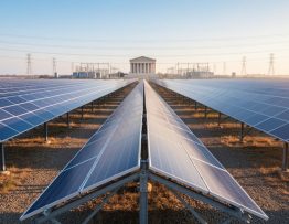 Utility-scale solar panels at golden hour with transmission towers and a distant neoclassical government building softly blurred in the background.