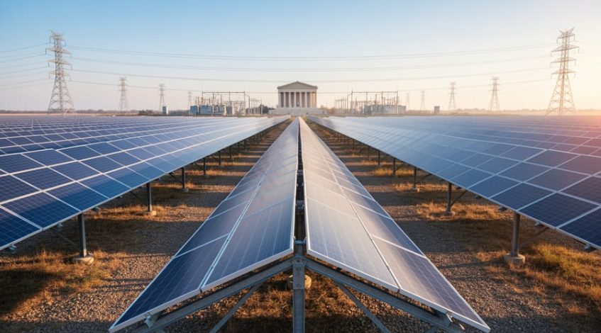 Utility-scale solar panels at golden hour with transmission towers and a distant neoclassical government building softly blurred in the background.