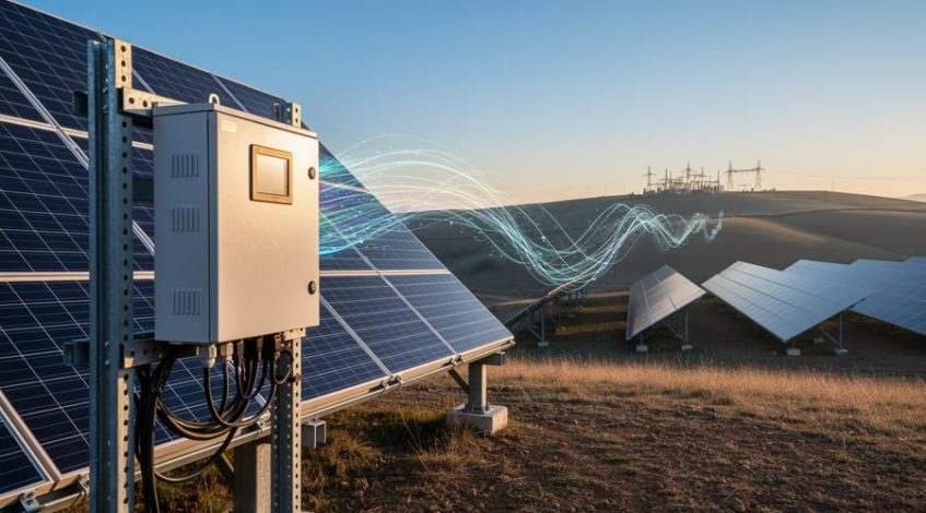 Weatherproof edge-computing device mounted next to solar panels at golden hour with subtle glowing data lines connecting to distant solar arrays across rolling hills, a power substation faintly visible in the background.
