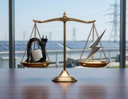 Brass balance scale on office desk weighing a padlock-wrapped power plug against a lightning-bolt metal rod, with a blurred view of an industrial facility featuring rooftop solar panels and transmission lines in soft daylight.