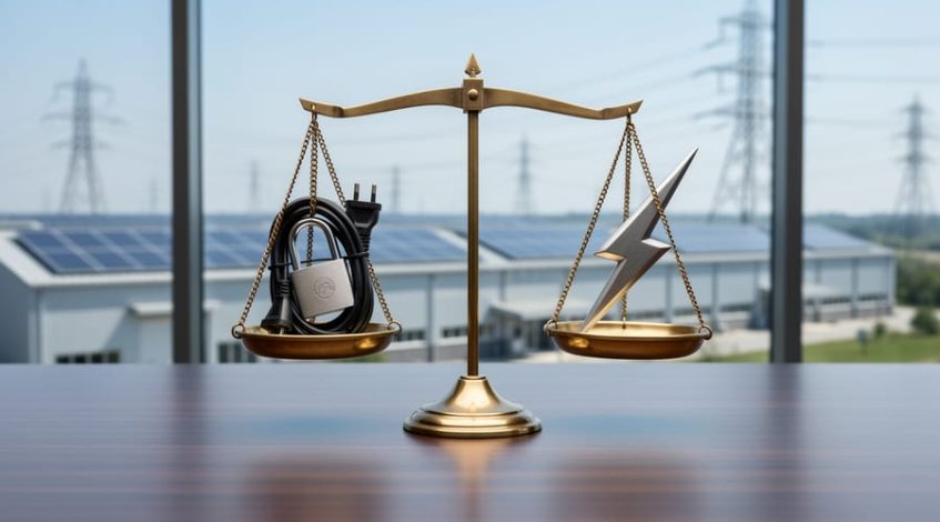 Brass balance scale on office desk weighing a padlock-wrapped power plug against a lightning-bolt metal rod, with a blurred view of an industrial facility featuring rooftop solar panels and transmission lines in soft daylight.
