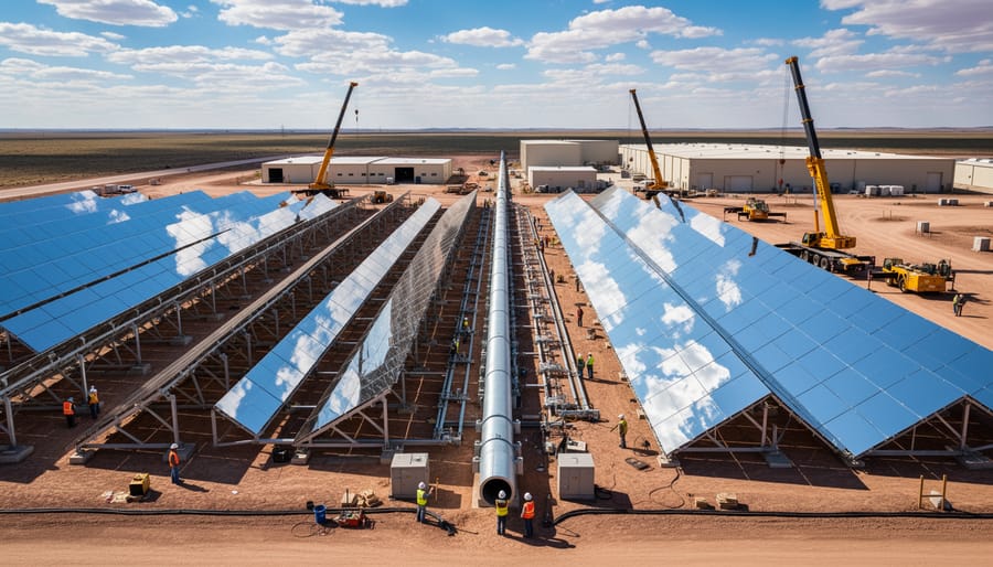 Fresnel lens solar concentrator panels on tracking system at commercial facility