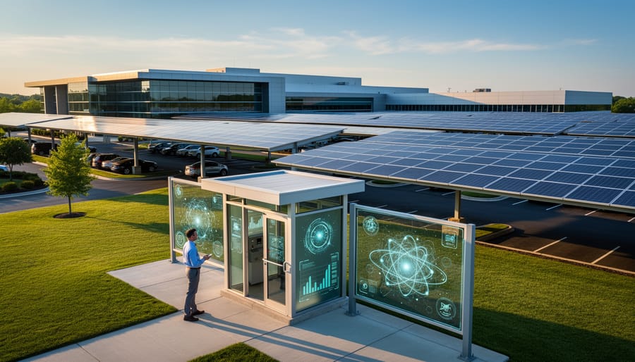 Modern commercial solar panel installation on office building with weather monitoring equipment