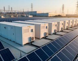 Elevated view of containerized battery energy storage connected to a large solar array at an industrial plant during golden hour, with factory buildings and substation in the background.