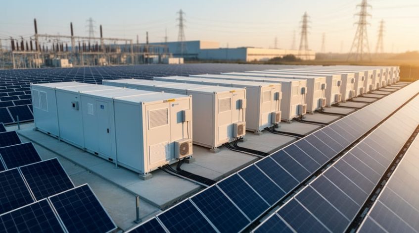 Elevated view of containerized battery energy storage connected to a large solar array at an industrial plant during golden hour, with factory buildings and substation in the background.