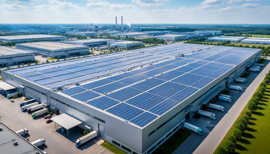Aerial view of solar panel array installed on large industrial manufacturing facility rooftop
