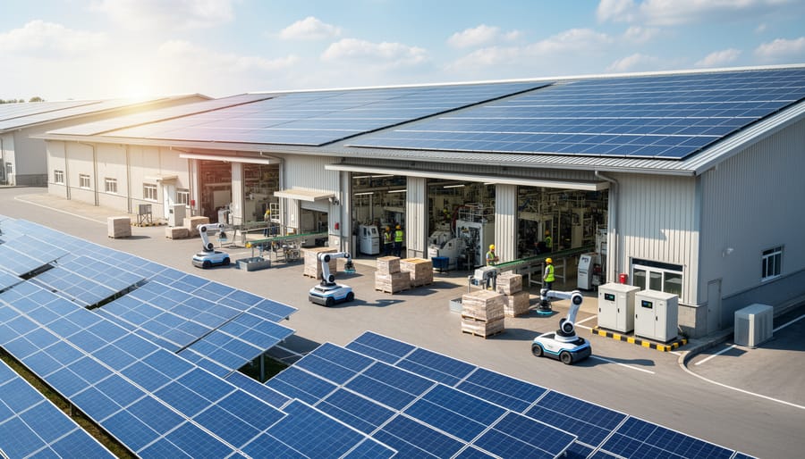 Industrial rooftop solar panel array with automated maintenance equipment