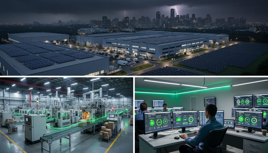 Manufacturing facility with rooftop solar array maintaining operations during evening hours