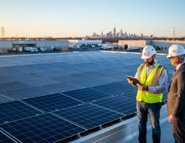 Facilities manager and engineer reviewing a tablet beside an extensive rooftop solar array on a New Jersey warehouse at golden hour, with an industrial park, distant skyline, and utility lines softly blurred in the background.