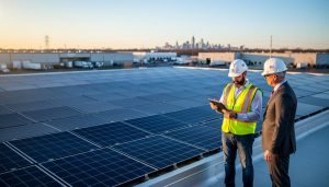 Facilities manager and engineer reviewing a tablet beside an extensive rooftop solar array on a New Jersey warehouse at golden hour, with an industrial park, distant skyline, and utility lines softly blurred in the background.