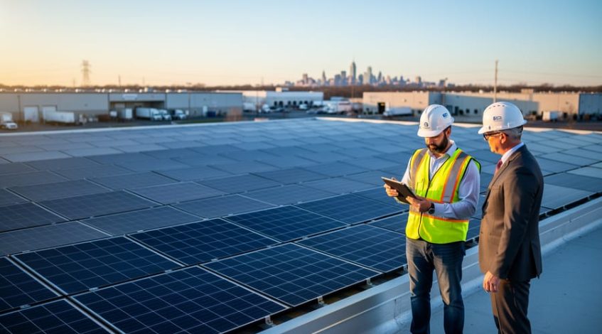 Facilities manager and engineer reviewing a tablet beside an extensive rooftop solar array on a New Jersey warehouse at golden hour, with an industrial park, distant skyline, and utility lines softly blurred in the background.