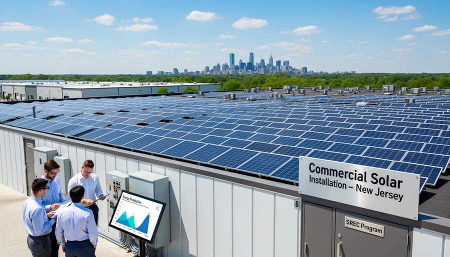 Commercial building rooftop covered with solar panels in New Jersey urban setting