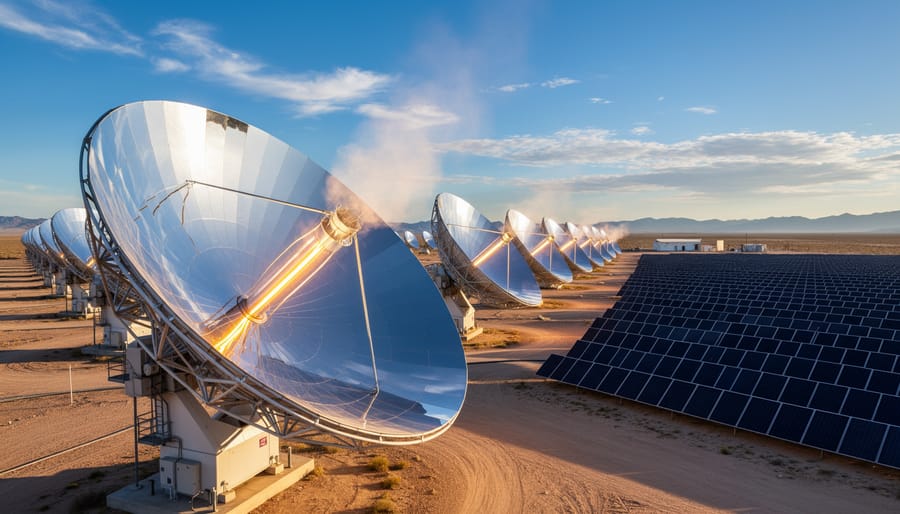 Large parabolic solar concentrator installed on commercial building rooftop